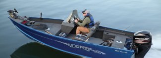 a professional fisher steers a lund 1625 fury xl aluminum fishing boat to his favourite spot at Muskoka Ontario.